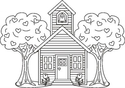 Schoolhousetreesbw Coloring Page
